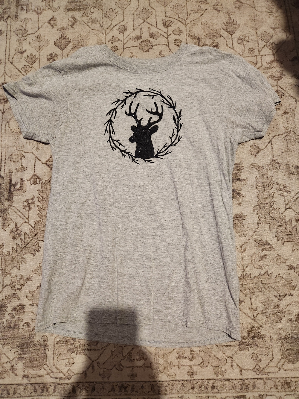 Gildan Heather Gray Short Sleeve Tee with Black Deer Wreath Graphic